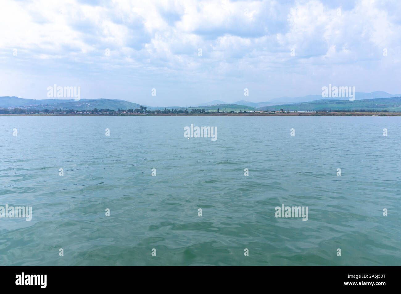 view of sea of Galilee from the local ferry, lake of Galilee in Israel, where Jesus practice the kingdom of heaven Stock Photo