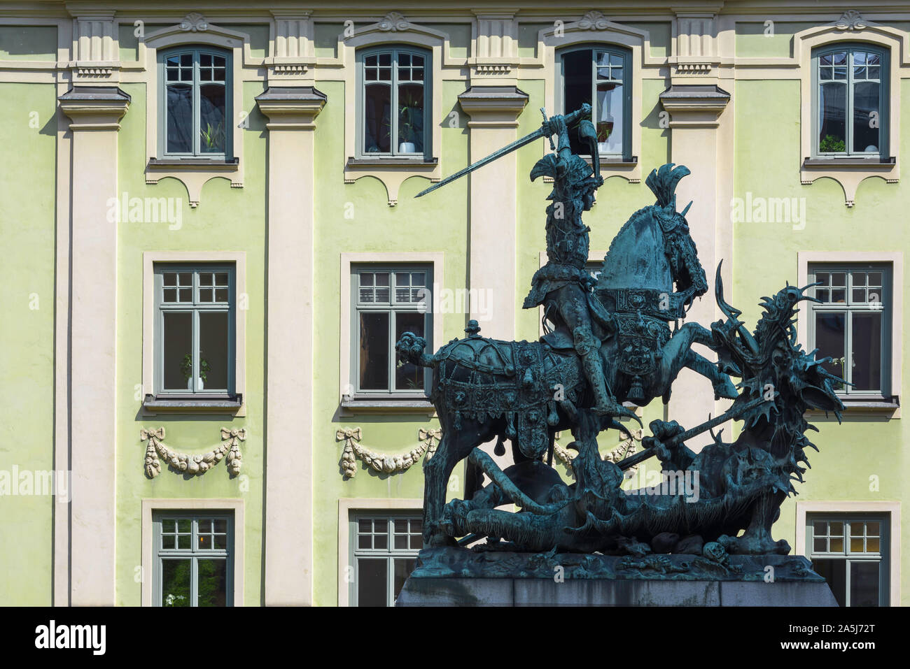 St George and dragon, view of a statue of St George slaying a dragon sited in the Old Town (Gamla Stan) area of Stockholm, Sweden. Stock Photo