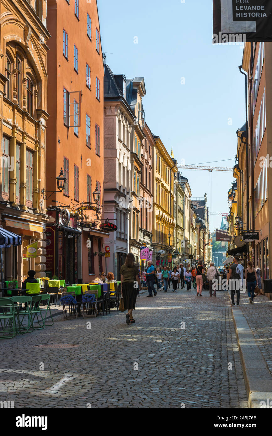 Old Town Stockholm, view in summer of people in Stora Nygatan, a shopping street in the Old Town (Gamla Stan) area of Stockholm city center, Sweden. Stock Photo