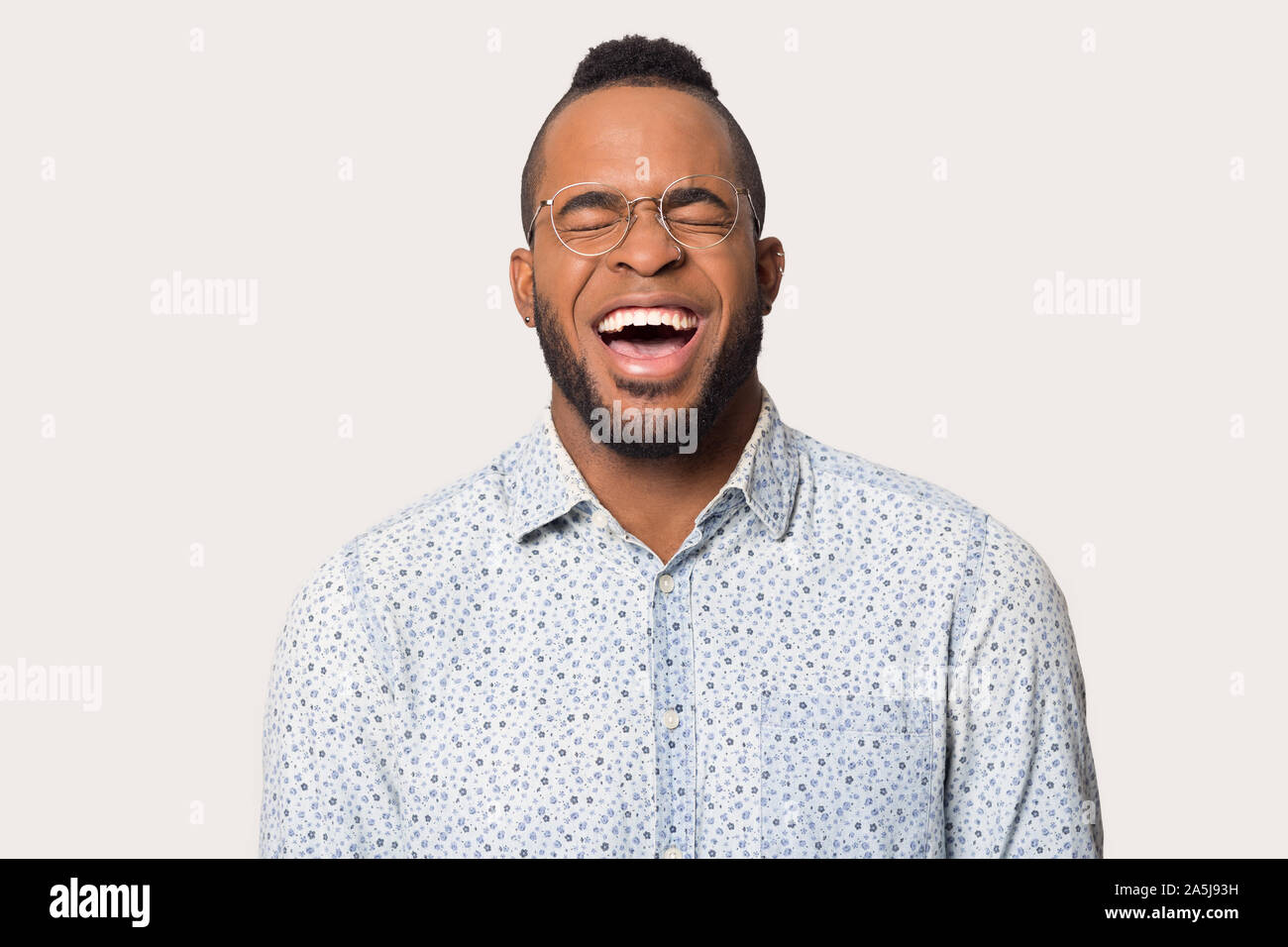 Happy Biracial Man In Glasses Laugh With Wide Smile Stock Photo Alamy