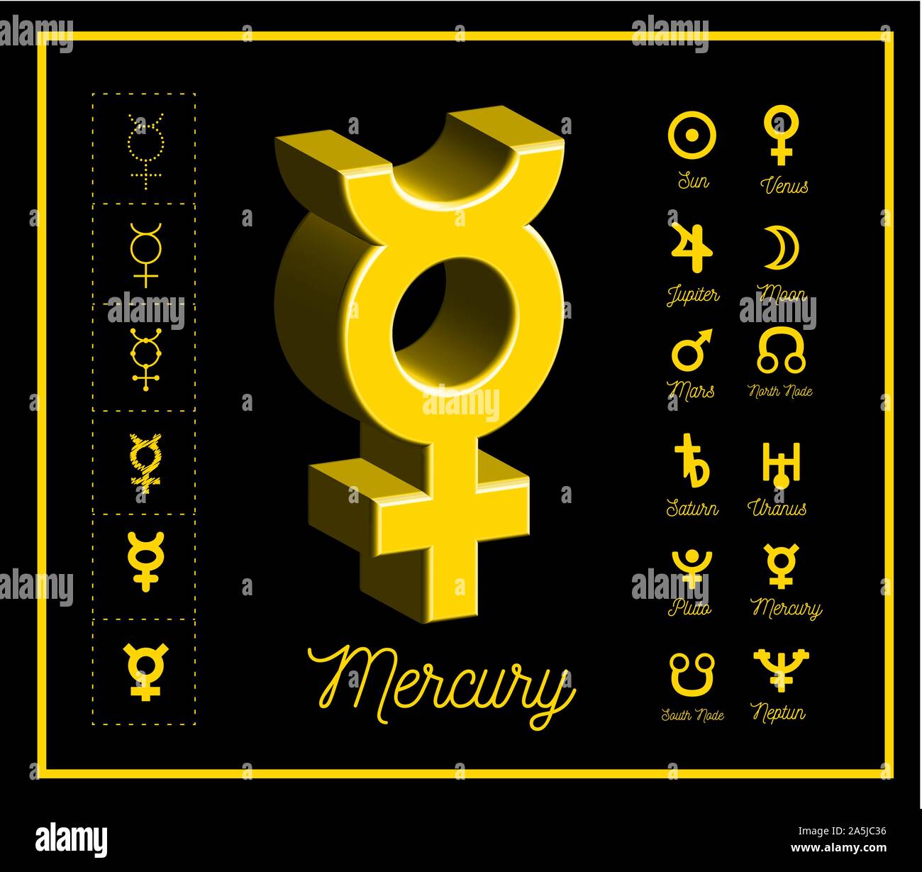 Mercury planet sign with other astrological symbols of the planets on black background. Vector Stock Vector