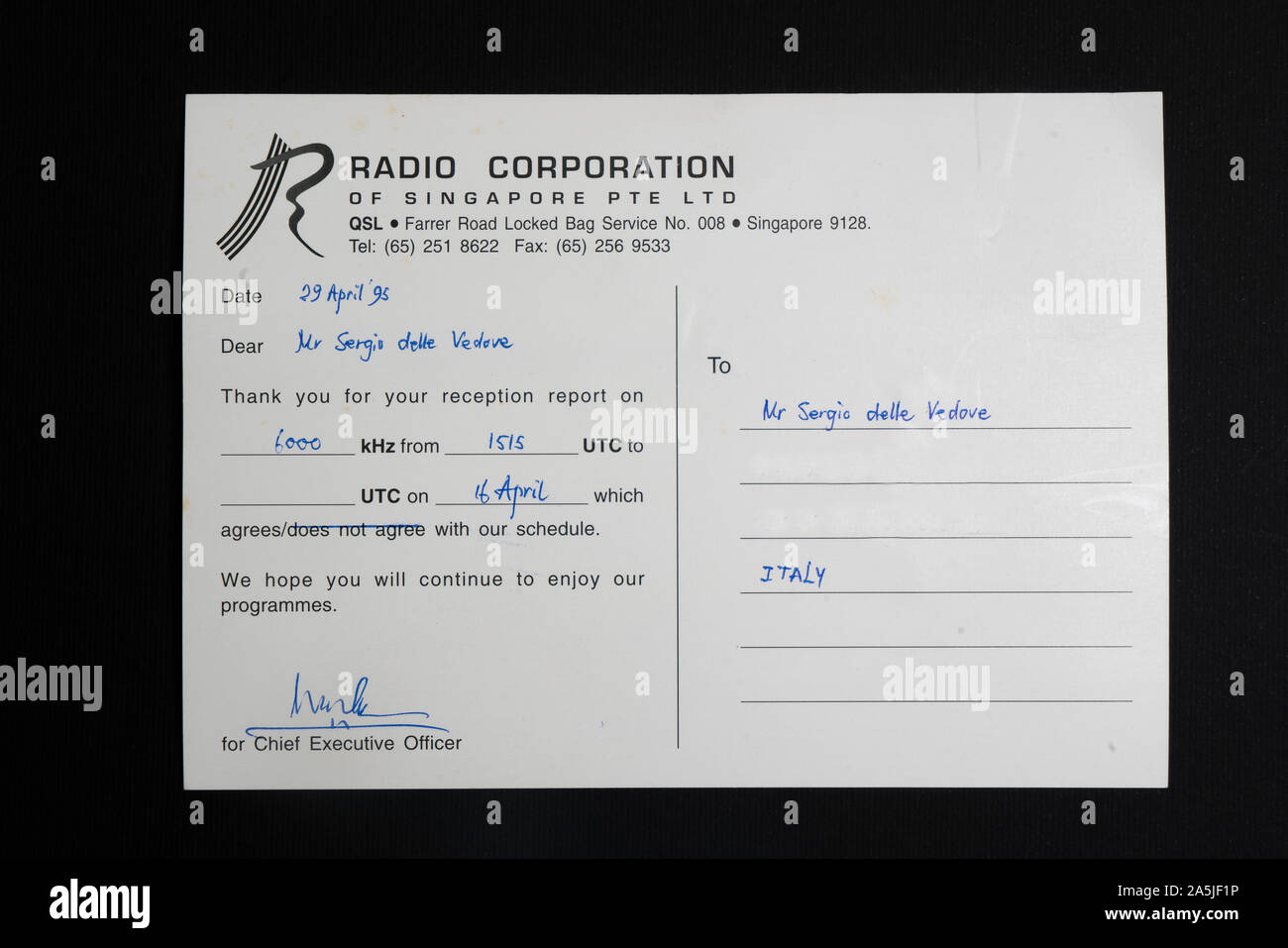 a QSL card of Radio Corporation of Singapore station Stock Photo - Alamy