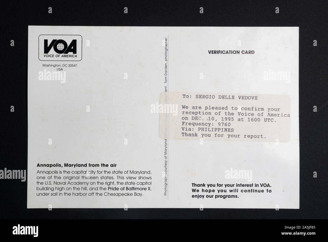 a QSL card of Voice of America radio station from Philippines relay Stock  Photo - Alamy