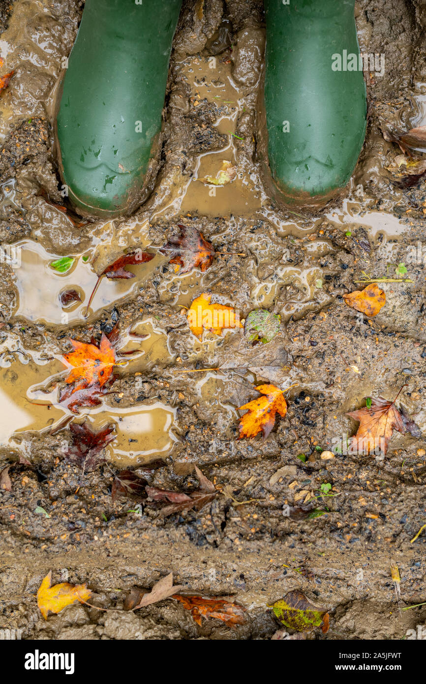 Green wellington boots in mud on a forest footpath. Autumnal landscape ...
