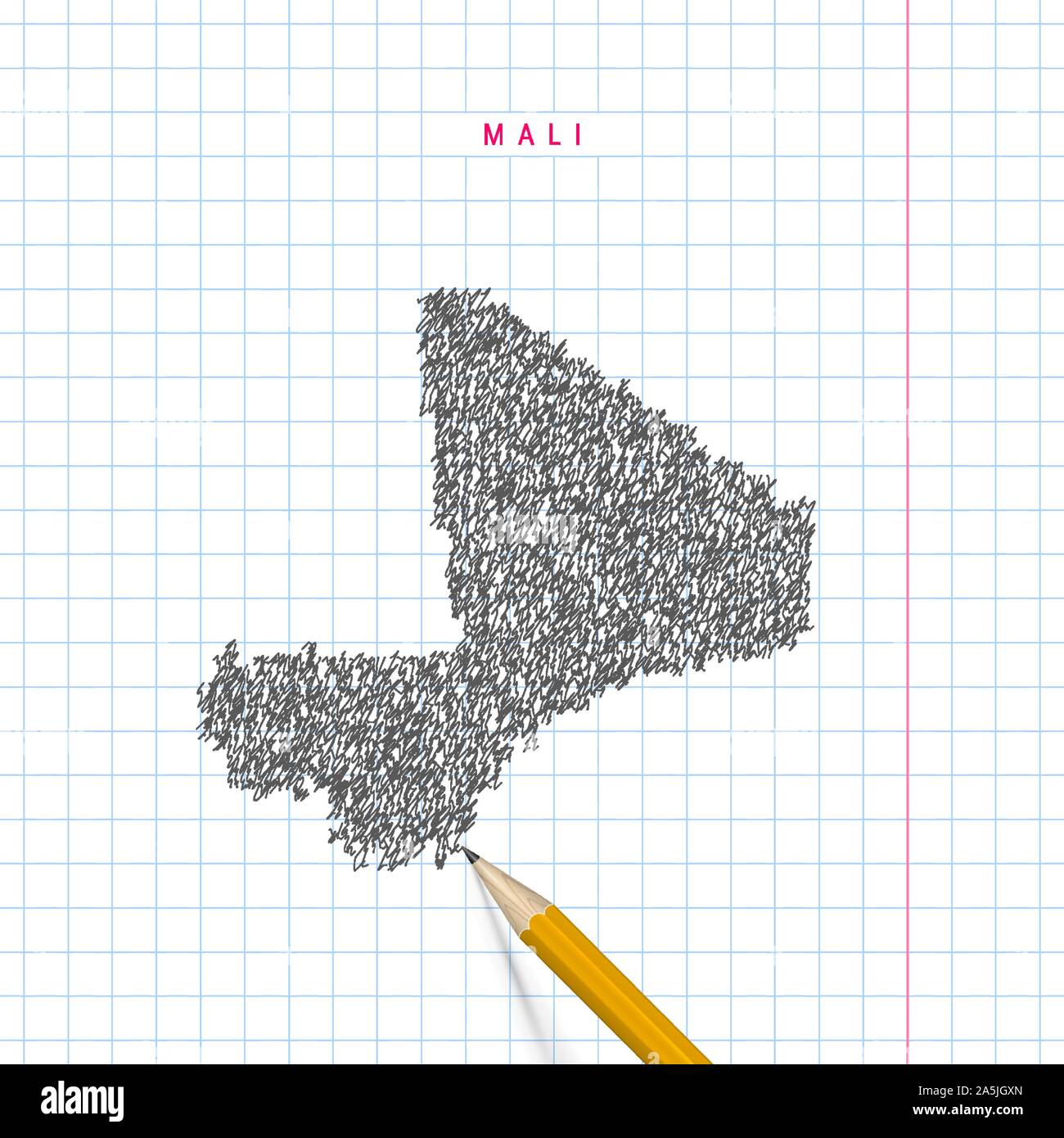 Mali sketch scribble map drawn on checkered school notebook paper ...