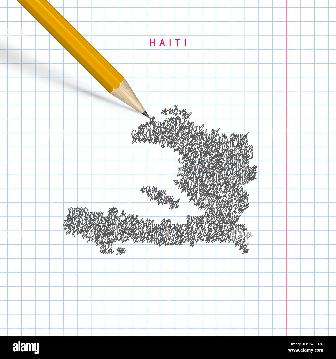 Haiti sketch scribble map drawn on checkered school notebook paper background. Hand drawn vector map of Haiti. Realistic 3D pencil. Stock Vector