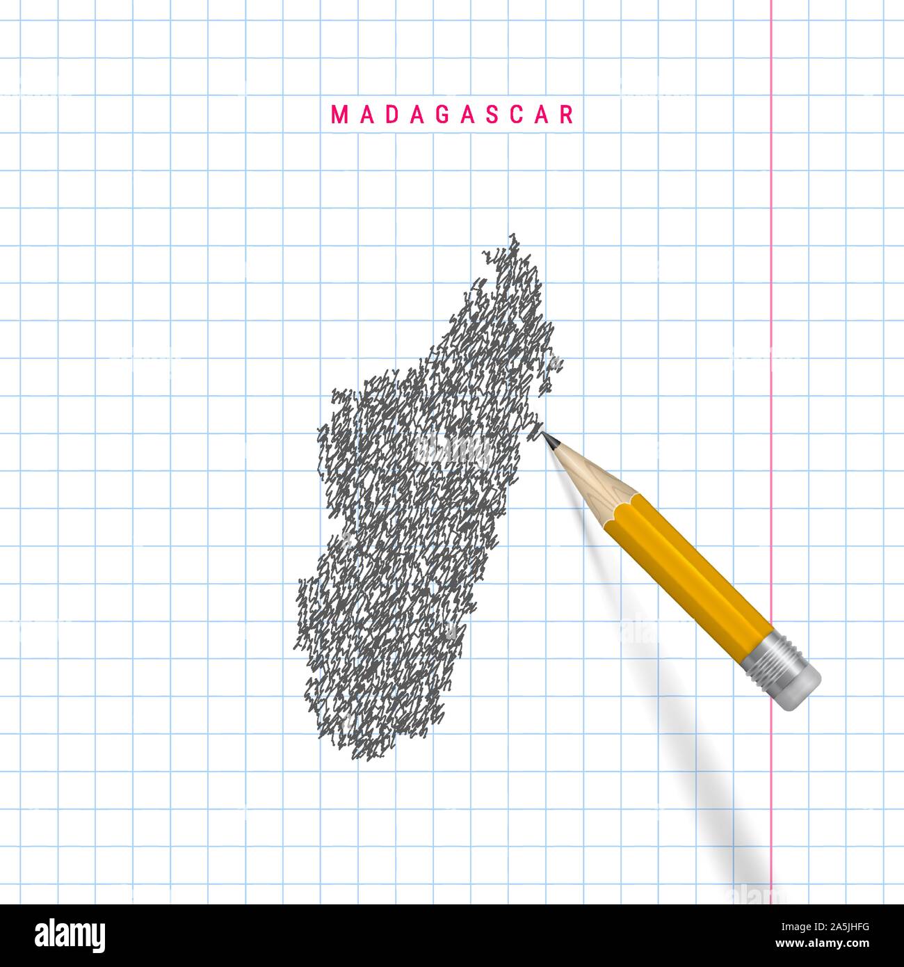 Madagascar sketch scribble map drawn on checkered school notebook paper ...