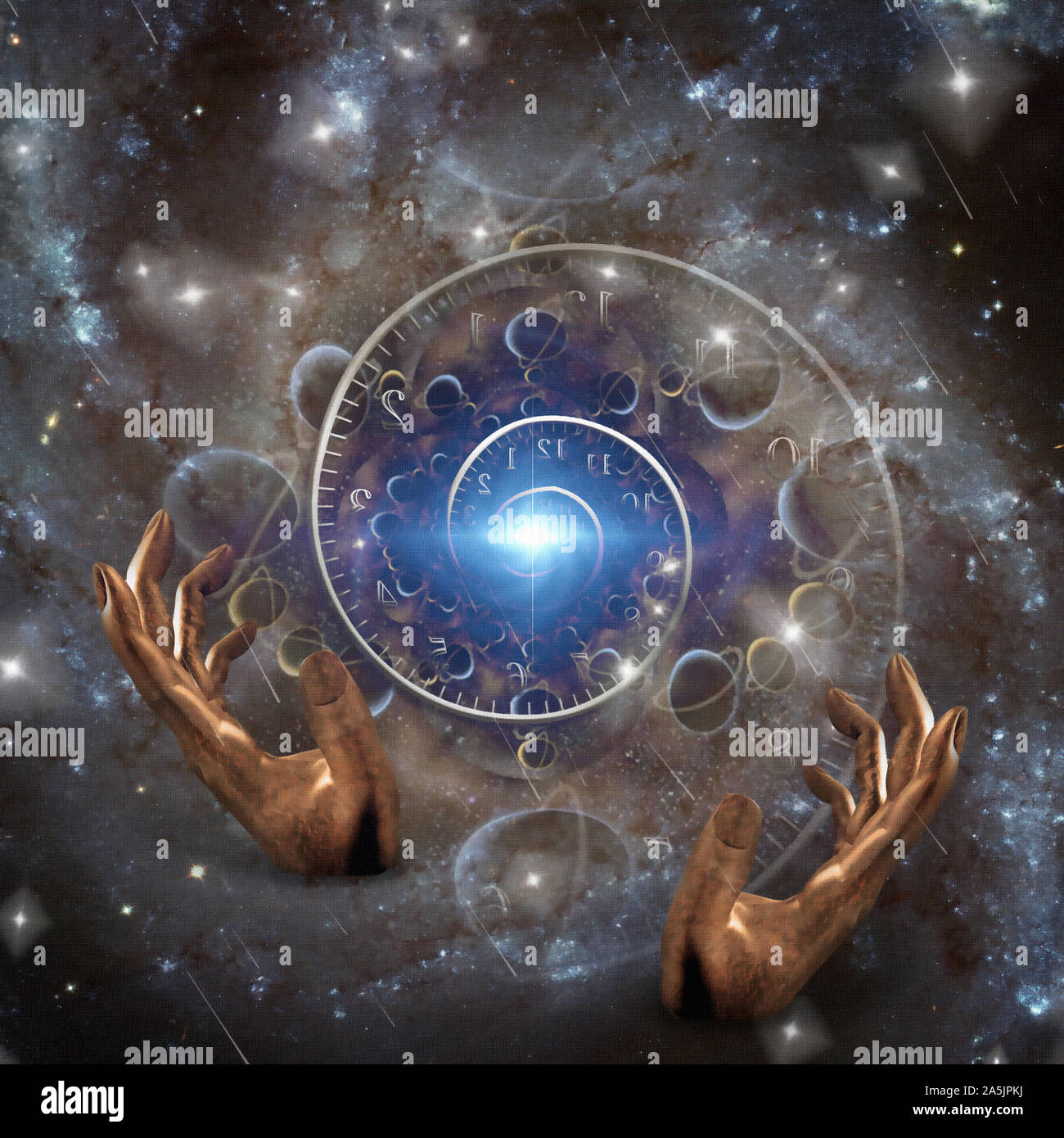 Manipulation of time. Human hands in space Stock Photo Alamy