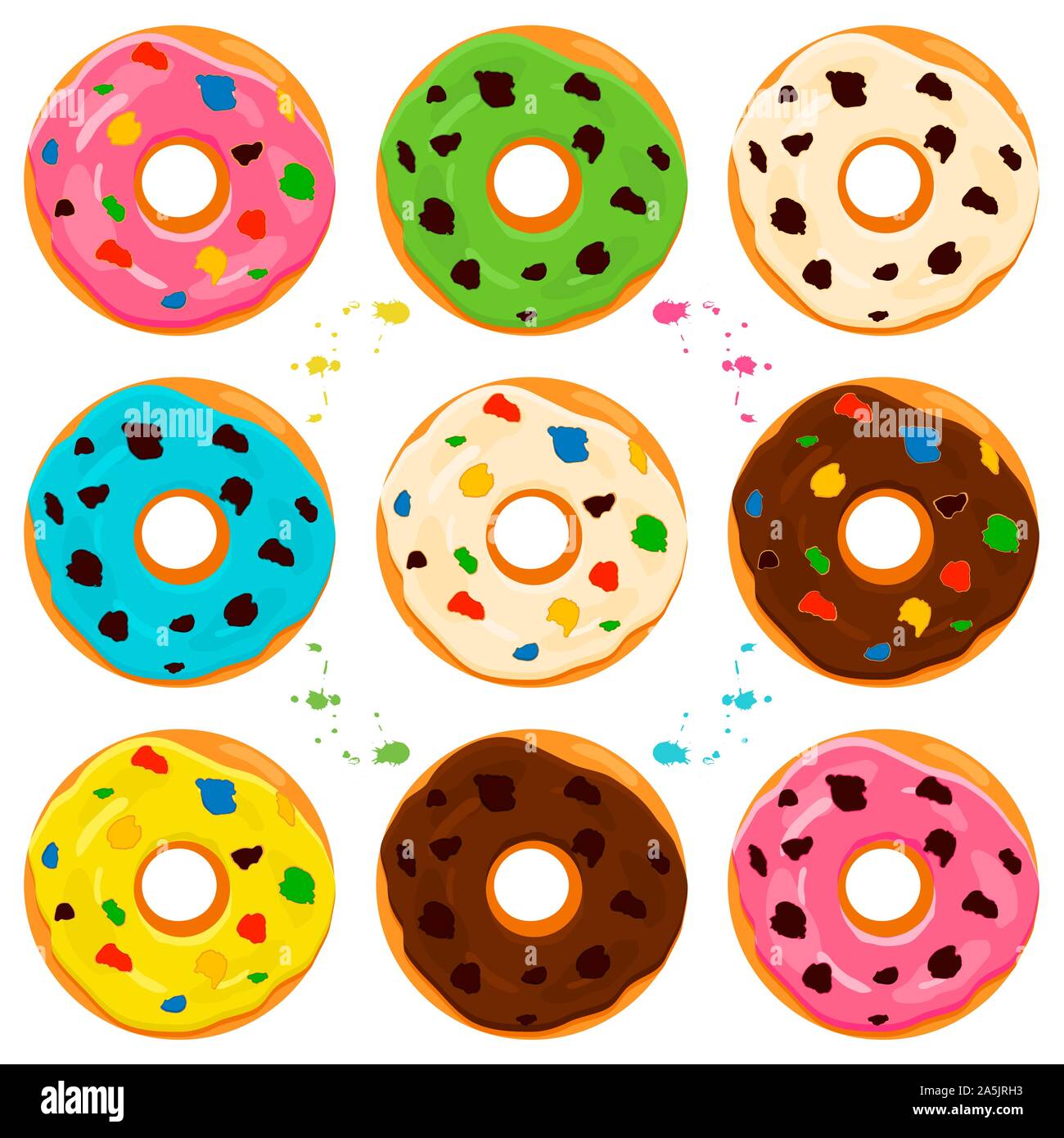 Illustration on theme big set different types sticky donuts, sweet
