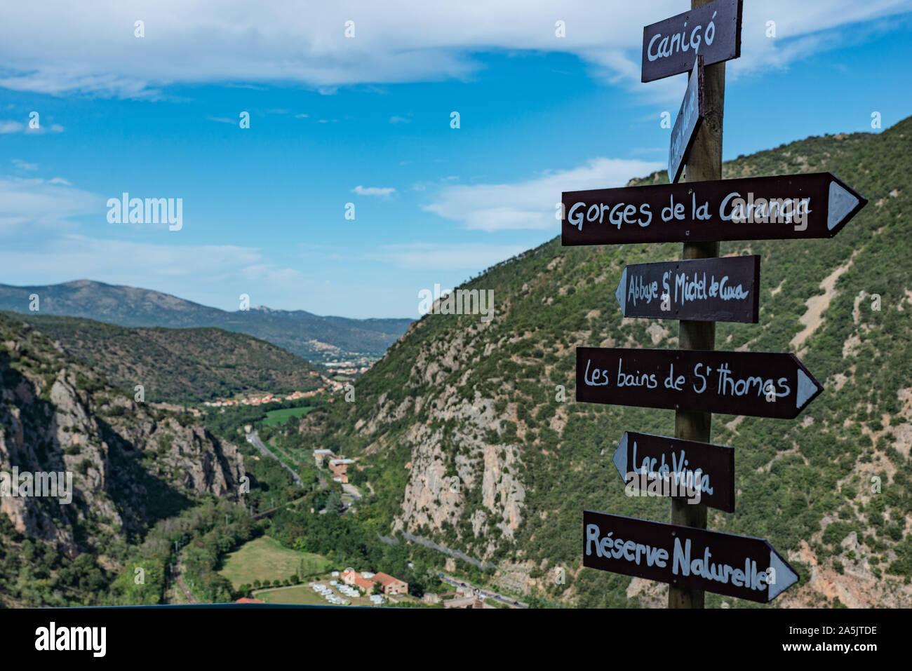 Surroundings (Mountain and Valleys) of Villefranche-De-Conflent viewed from Fort Liberia, Pyrenees Orientales, French Catalonia, France Stock Photo
