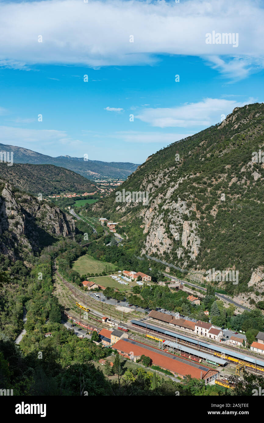 Surroundings (Mountain and Valleys) of Villefranche-De-Conflent viewed from Fort Liberia, Pyrenees Orientales, French Catalonia, France Stock Photo