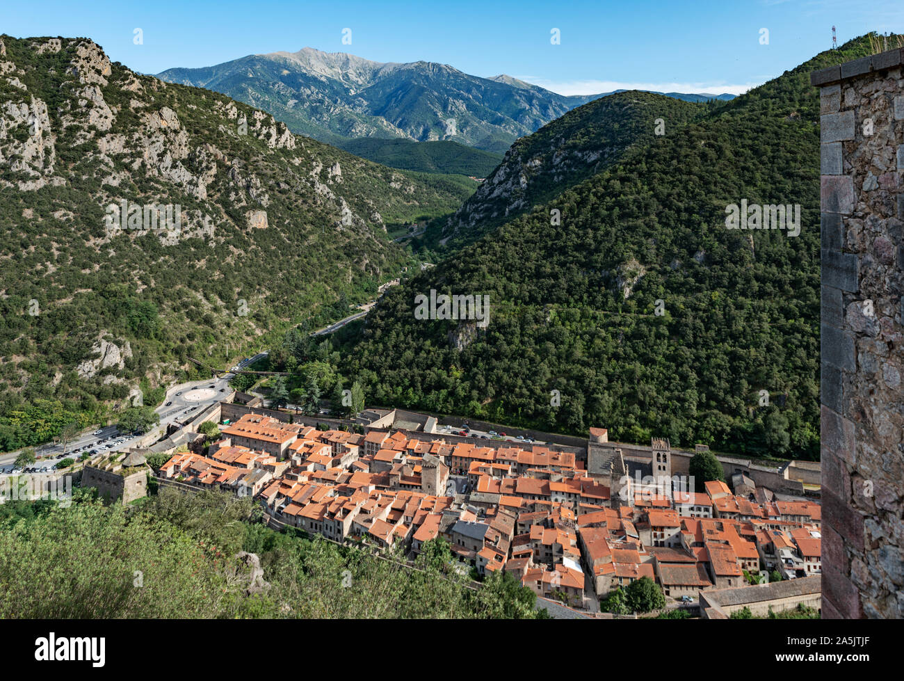 Villefranche-De-Conflent town viewed from Fort Liberia, Pyrenees Orientales, French Catalonia, France Stock Photo