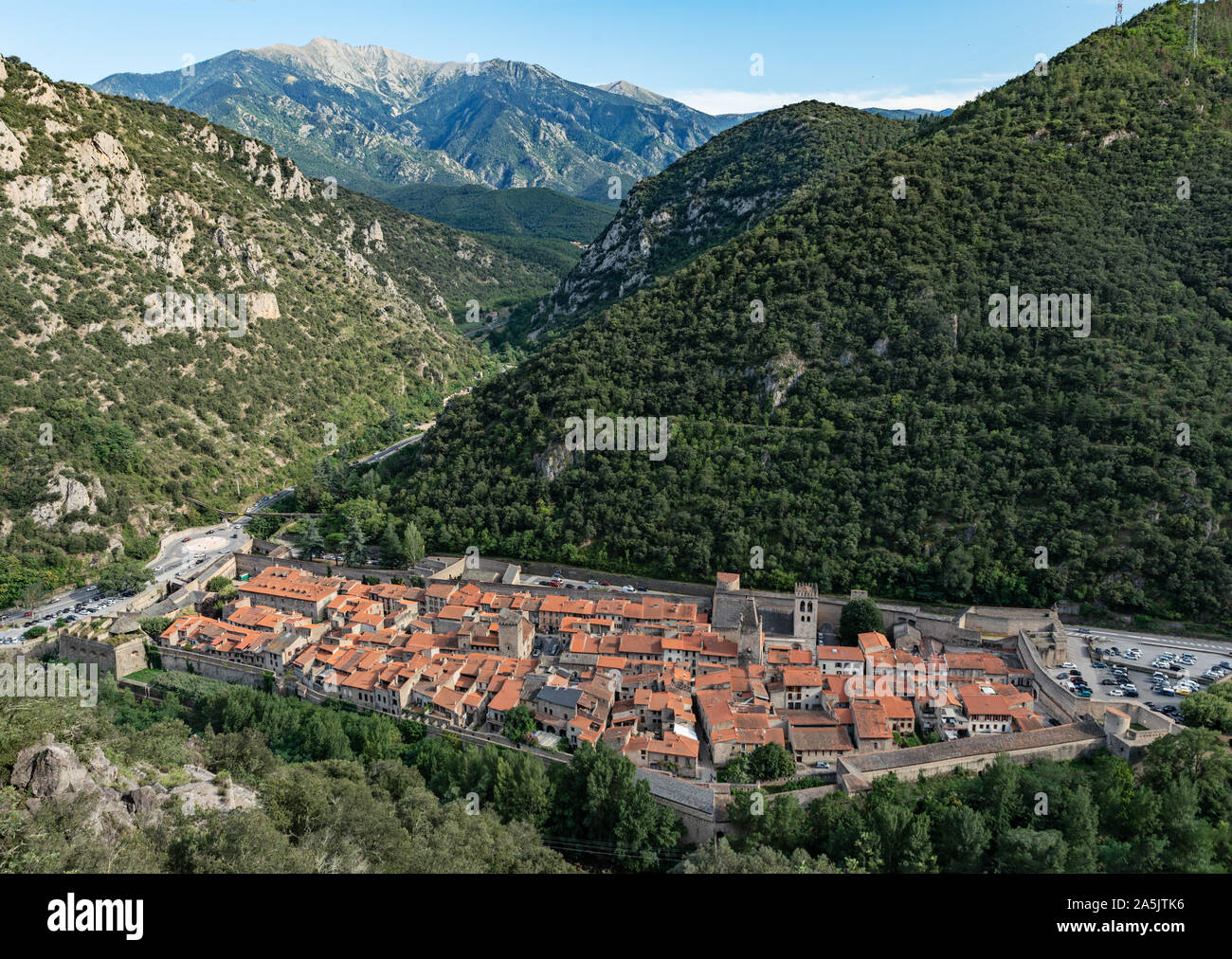 Villefranche-De-Conflent town viewed from Fort Liberia, Pyrenees Orientales, French Catalonia, France Stock Photo