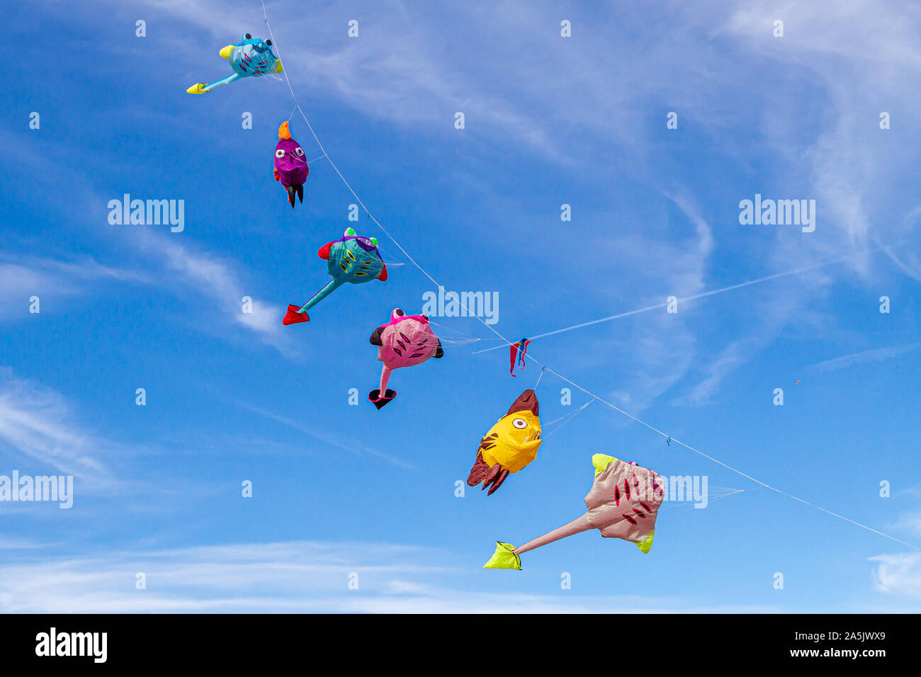 Colorful flying Kites in the blue sky Stock Photo