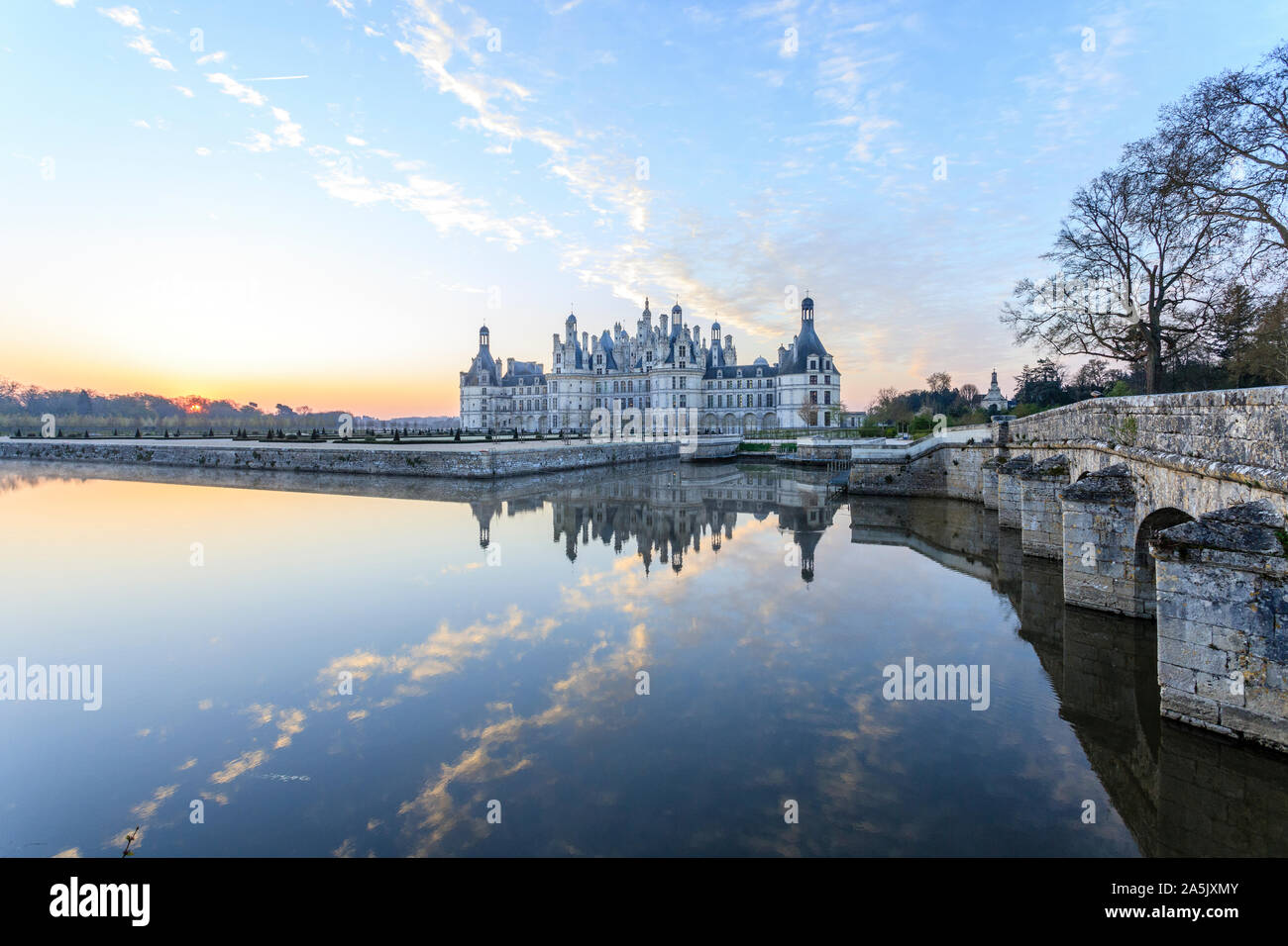 France, Loir et Cher, Loire Valley listed as World Heritage by UNESCO, Chambord, royal castle, north-west facade and bridge over the Cosson river // F Stock Photo