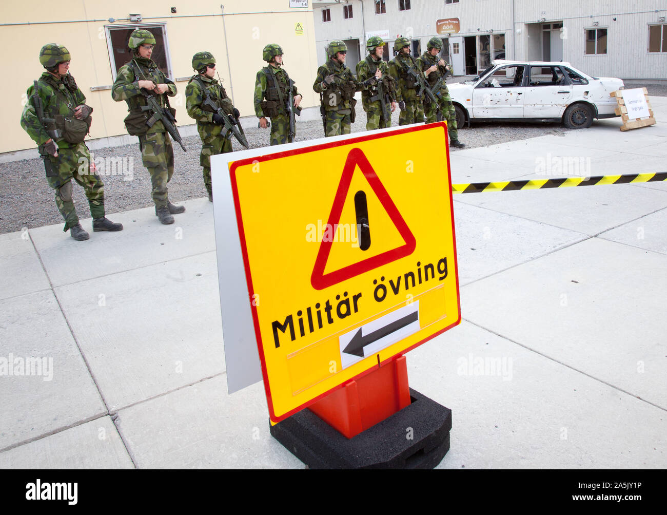 For fifty years, the Swedish Armed Forces has been operating in Kvarn, just outside Motala. On Saturday, the public was invited to an open house.Here you can see the soldiers in STA MOUT, which is a combat training facility consisting of an urban environment. Photo Jeppe Gustafsson Stock Photo