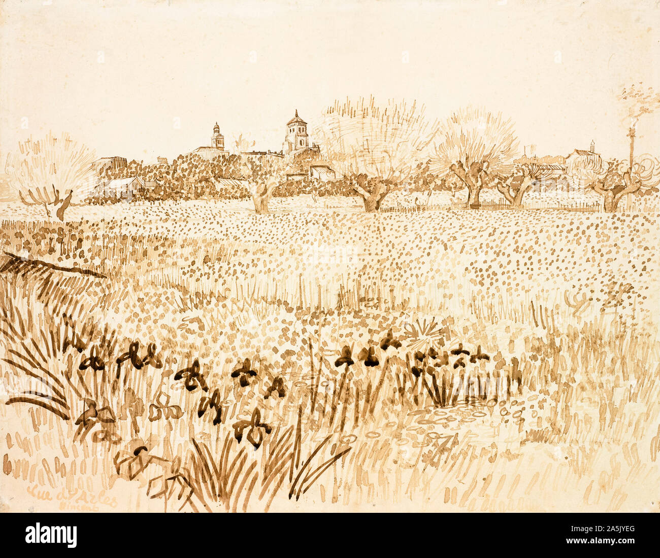 Vincent van Gogh, landscape drawing in pen and ink, View of Arles, 1888