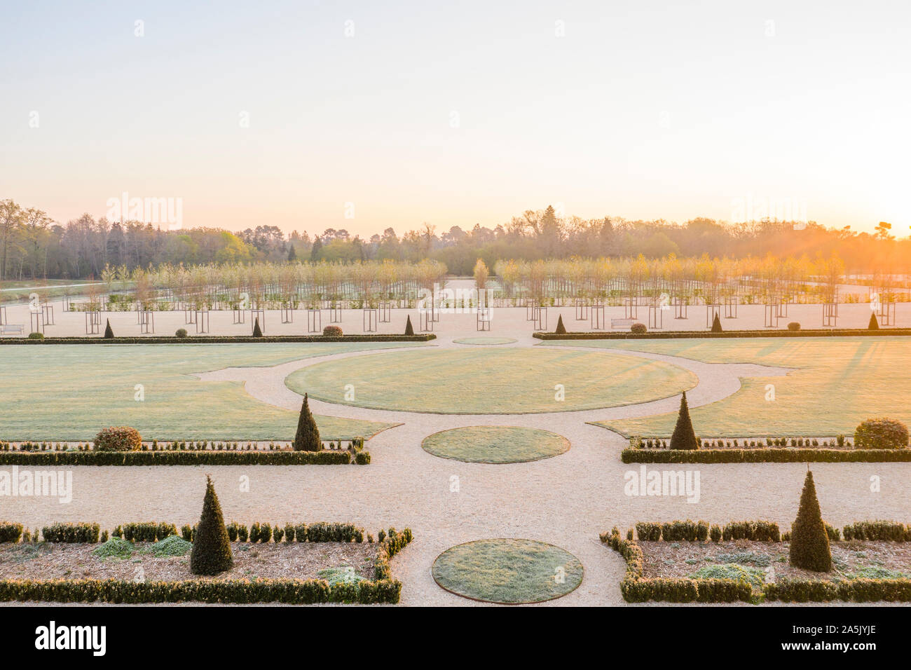 France, Loir et Cher, Loire Valley listed as World Heritage by UNESCO, Chambord, royal castle, the French gardens, sunrise, frosty morning // France, Stock Photo