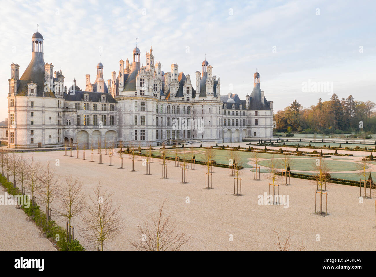 France, Loir et Cher, Loire Valley listed as World Heritage by UNESCO, Chambord, royal castle, the French gardens, sunrise, frosty morning // France, Stock Photo