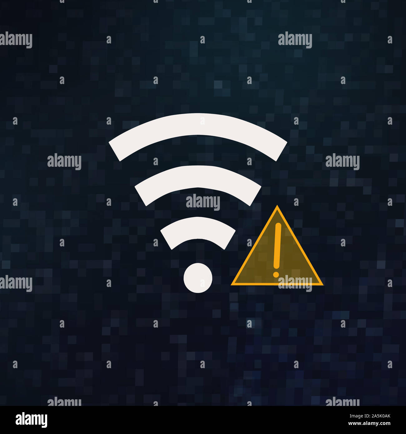 Wifi signal icon and exclamation mark on dark pixel background Stock Photo