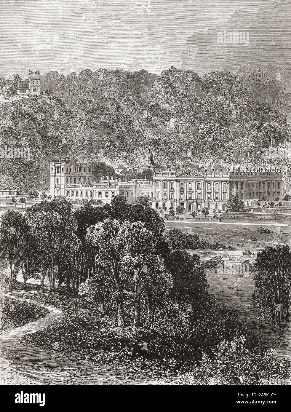 Chatsworth House, Derbyshire, England, seen here in the 19th century. From English Pictures, published 1890. Stock Photo