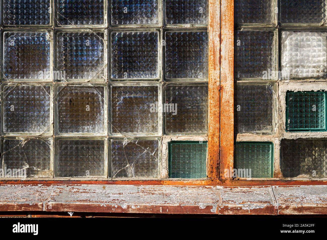 Old glass block wall texture, frosted glass brick wall background Stock