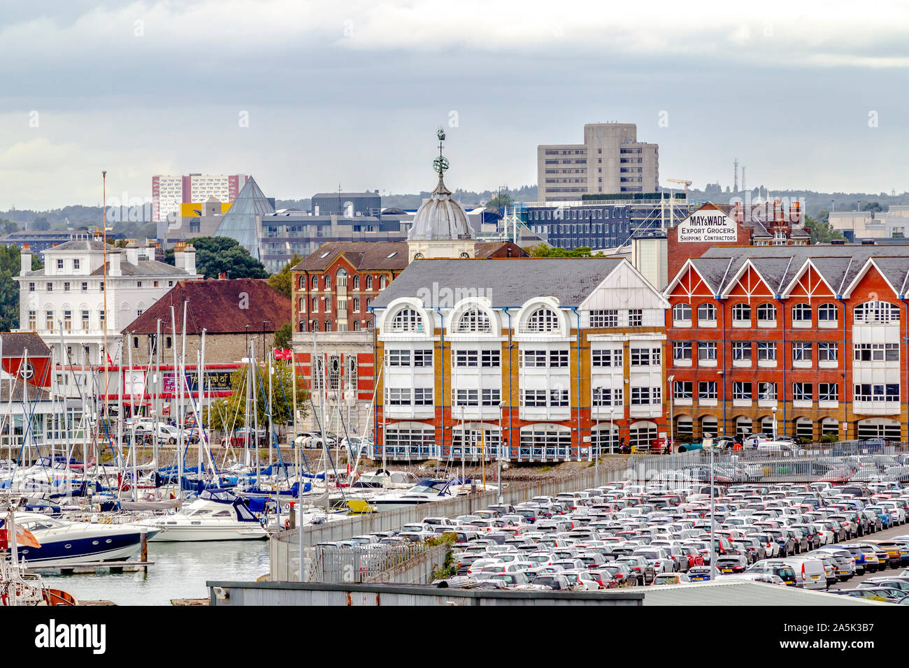 Looking over the yachts and parked cars towards the city centre, Southampton, Hampshre, UK. Stock Photo