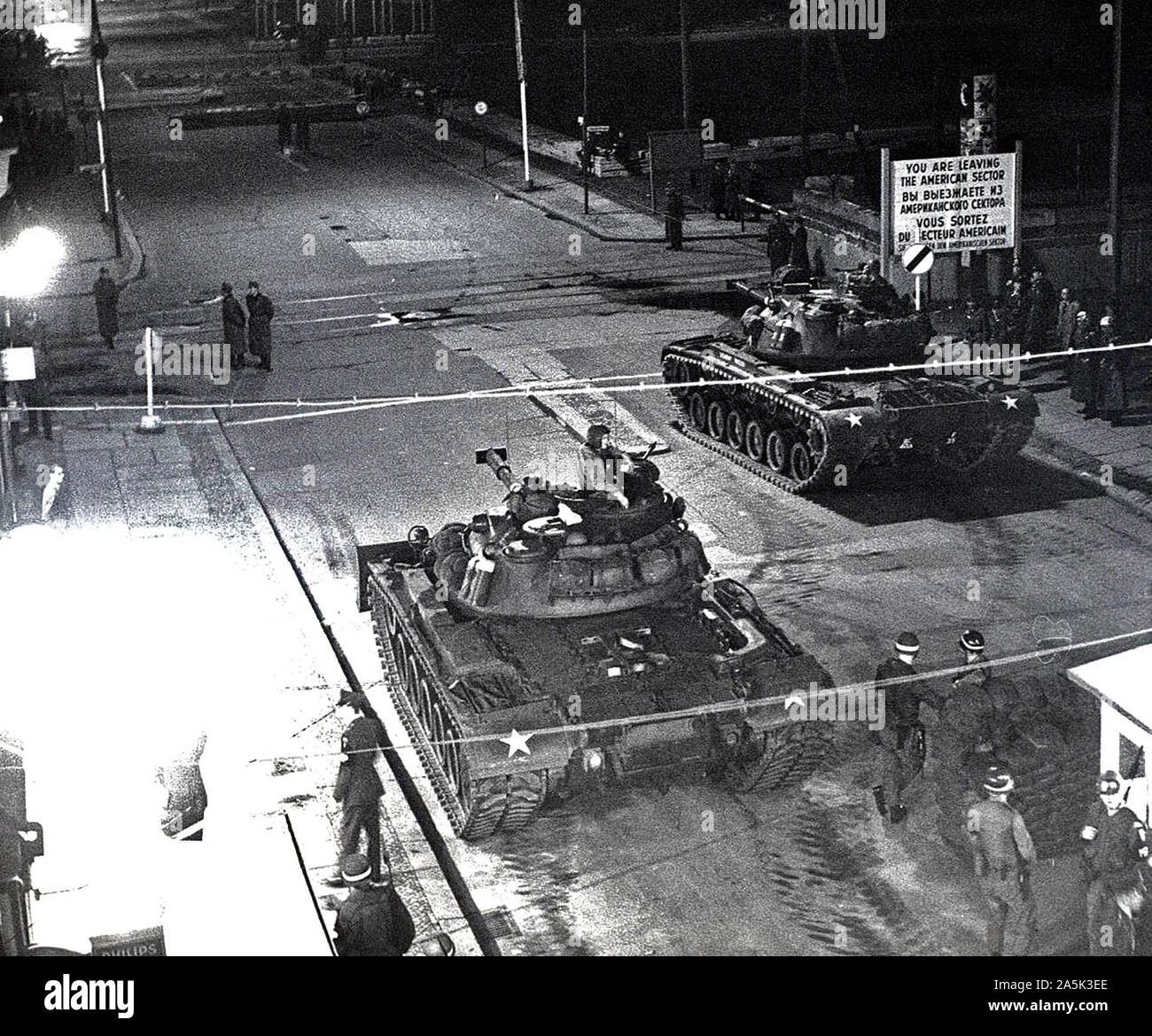 10/27/1961 - Nightly Tank Formation at Friedrich Strasse In Retaliation to Soviet Tanks Earlier That Day Due to An Incident of An American Civilian Crossing The Sector Border Without Showing His Passport Stock Photo