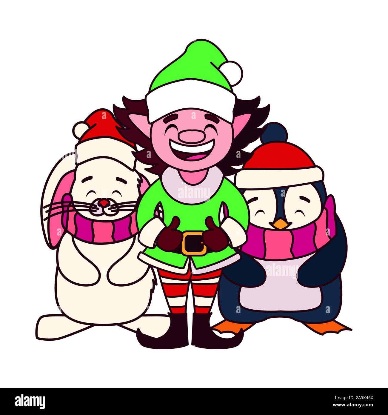 Card Of Christmas With Elf And Animals In White Background Vector 