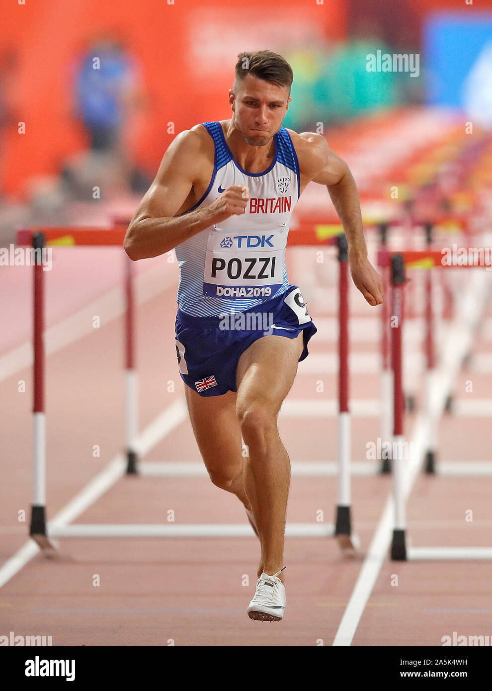 Great Britain's Andrew Pozzi competes in the 3rd heat of the men's 110