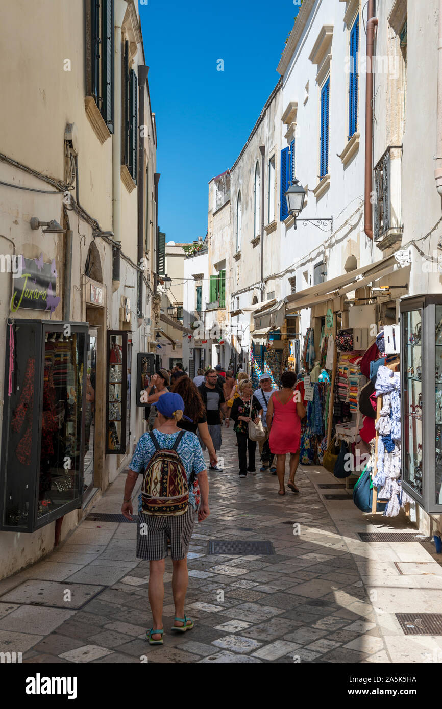 Shops in Corso Garibaldi in Otranto old town, Apulia (Puglia) in Southern Italy Stock Photo