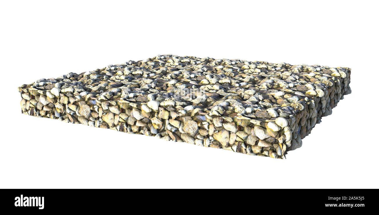 layer of pebbles, cross section of an area with rocks isolated on white background Stock Photo