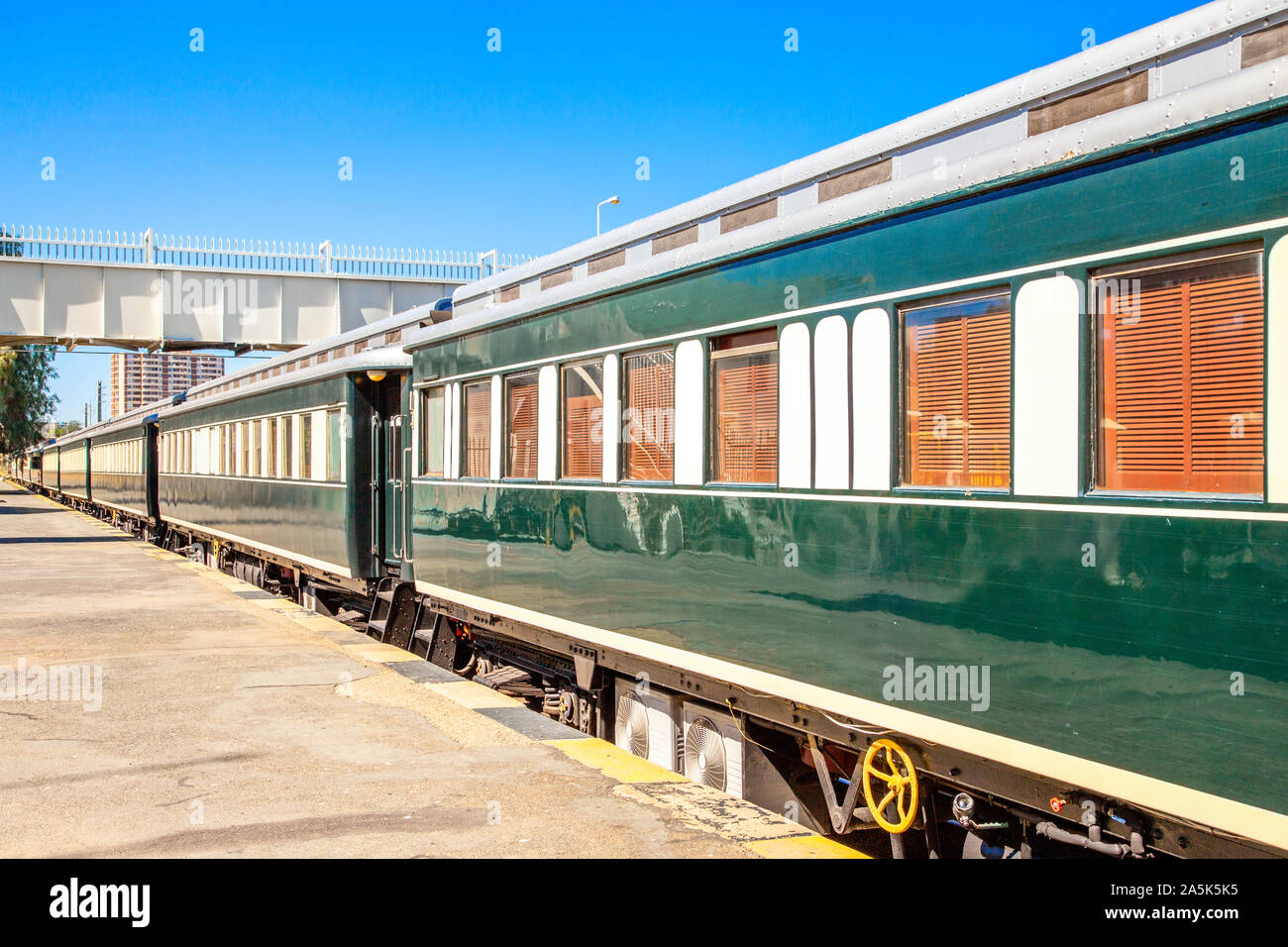 Namibian passenger train standing on the rails ready for departure, Windhoek train station, Namibia Stock Photo