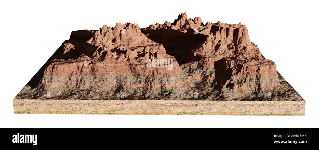 model of a cross section of a desert mountain, mesa isolated on white background Stock Photo