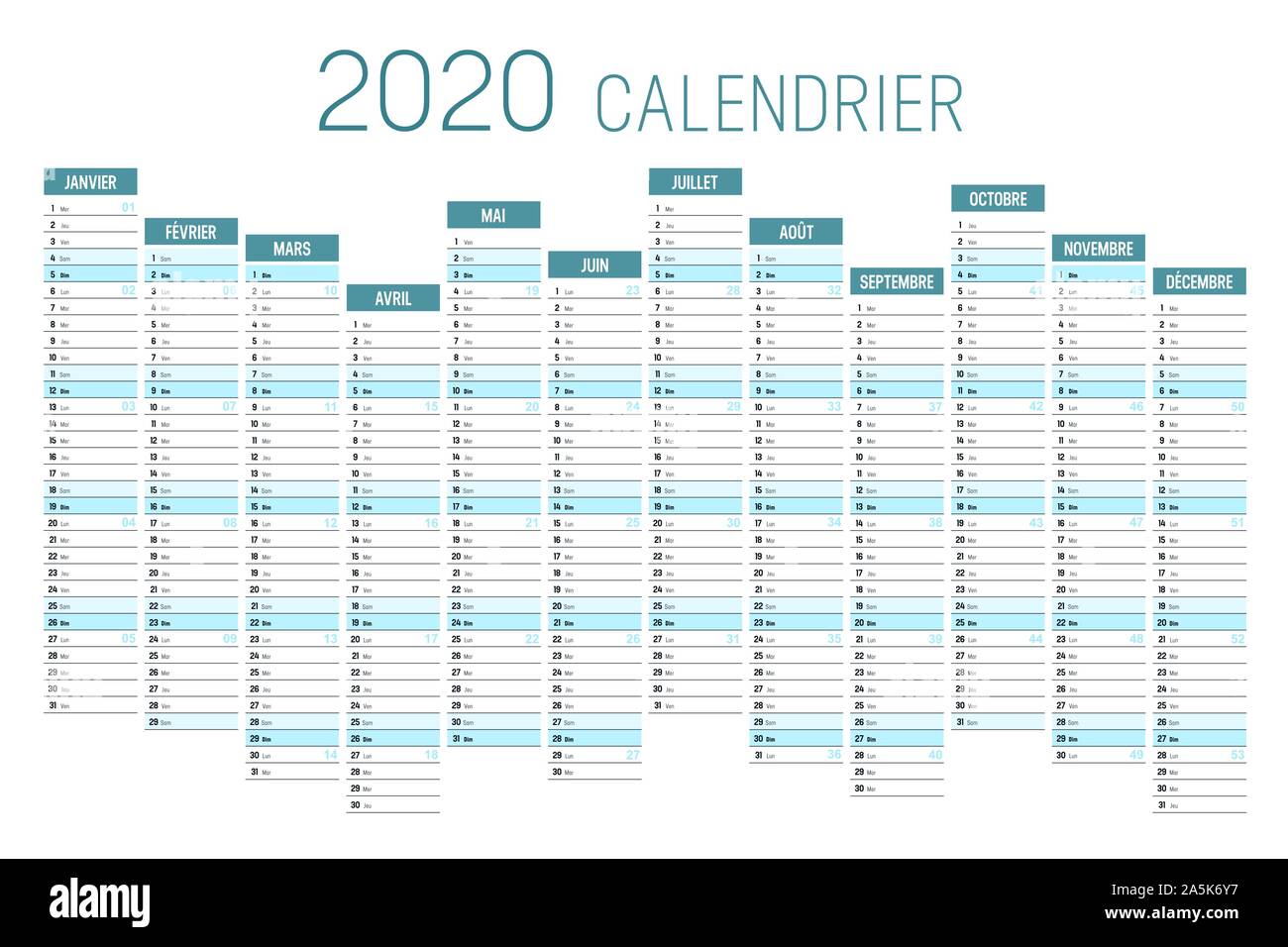 Year 2020 one page unaligned calendar, in French language, blue colored on white background. Vector template. Stock Vector