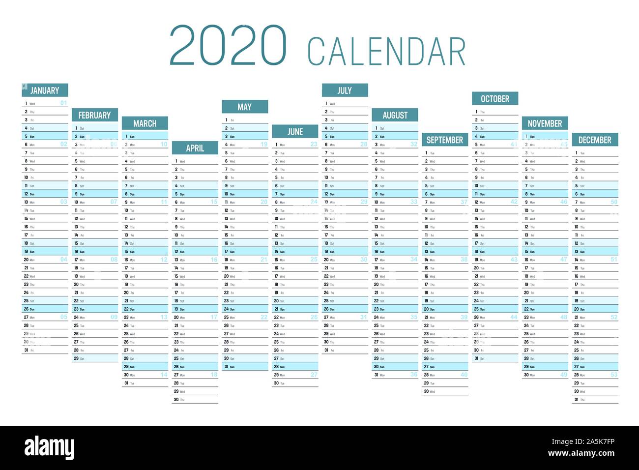 Year 2020 one page unaligned calendar, blue colored on white background. Vector template. Stock Vector