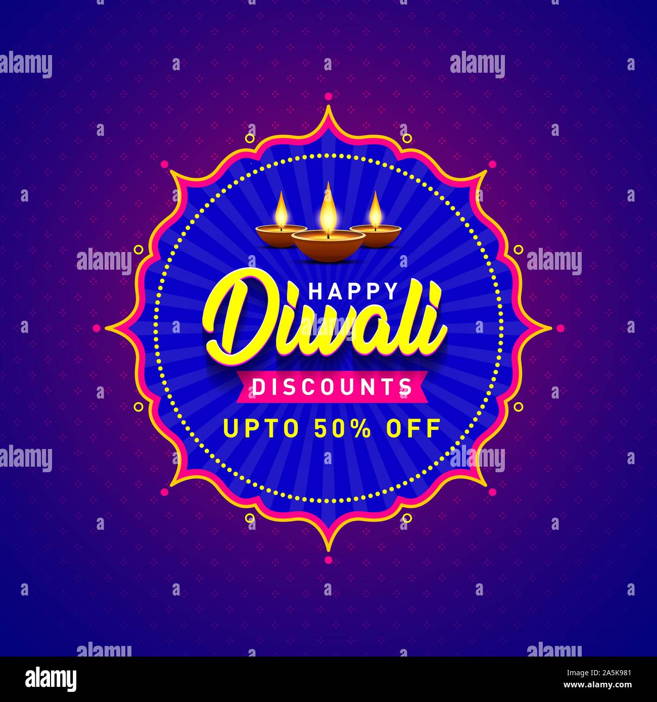 Happy Diwali Discounts Upto 50% Off Banner. Indian Festival of Light, Sale Offer, Logo design, Sticker, Concept, Greeting Card Template, Icon, Poster Stock Vector