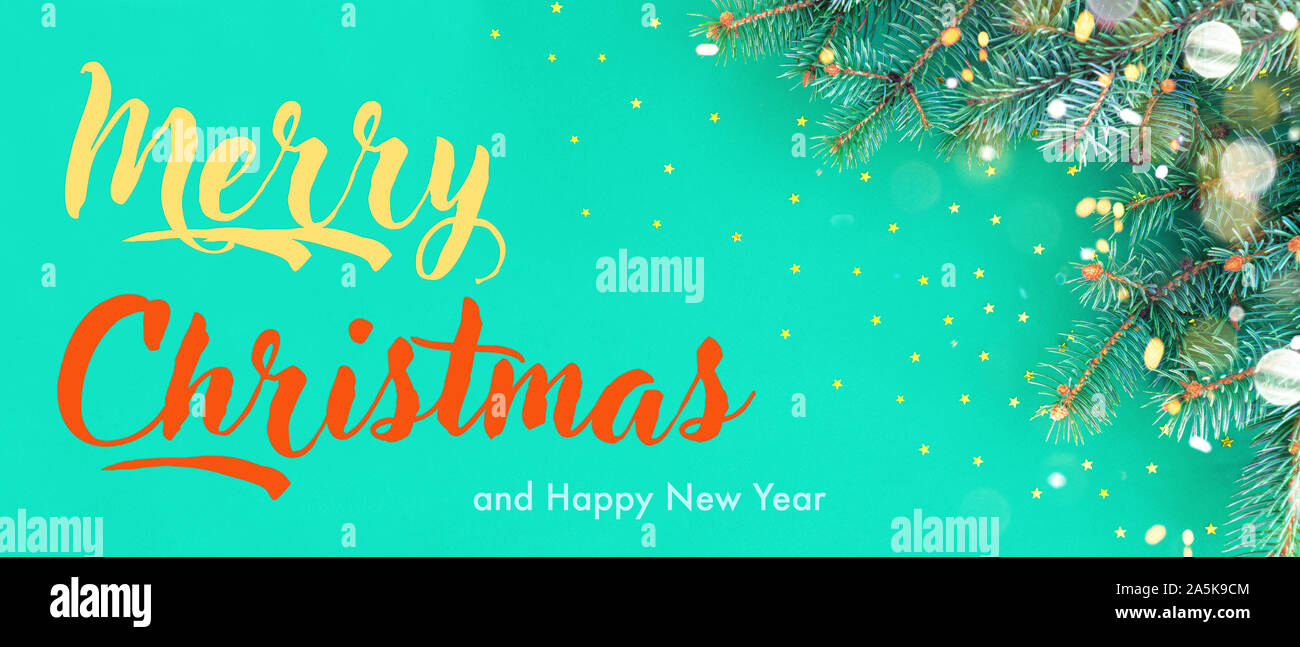 Seasonal banner with border of fluffy green fir branches and gold ...