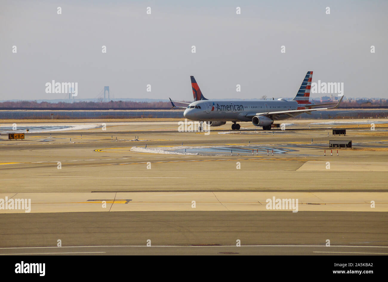 FEB 14, 2019 JFK NEW YORK, USA Delta Airlines jet planes, airport terminal gates Servicing F