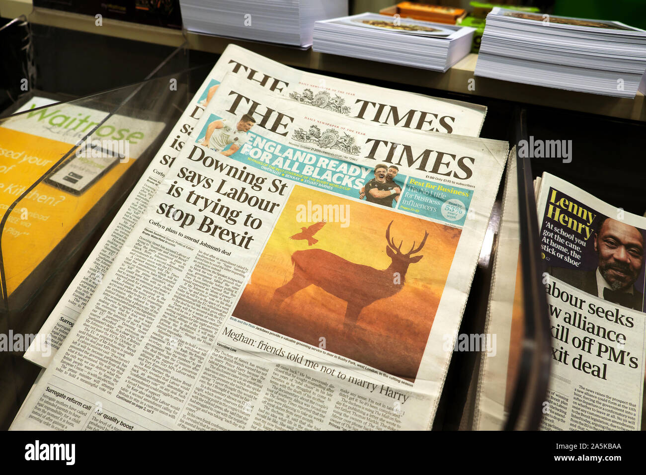 The Times newspaper front page 'Downing St says Labour is trying to stop Brexit' on 21 October 2019 on newsstand in London England UK Stock Photo