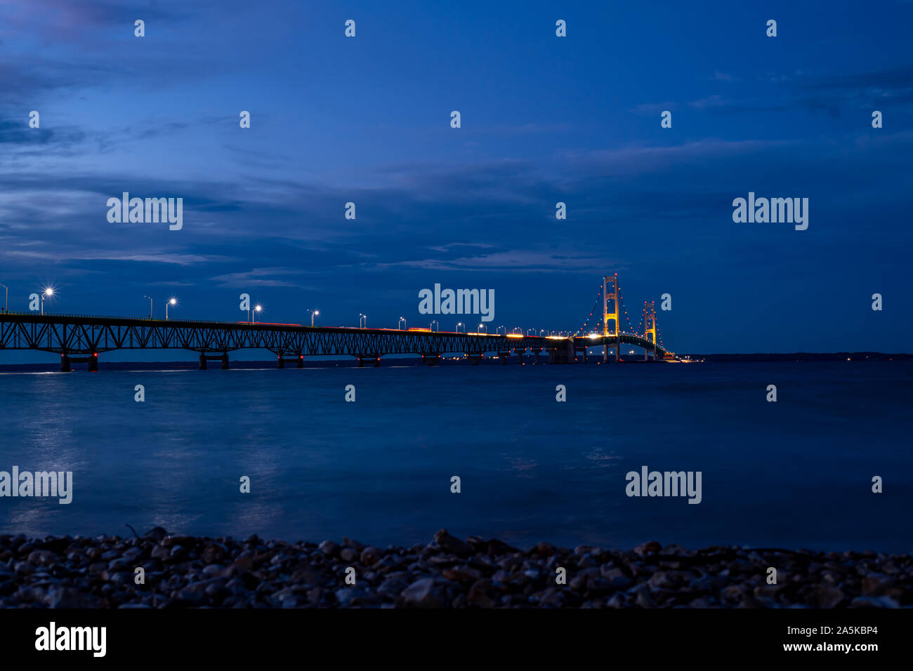 Colored lights decorate the Mackinac Bridge spanning the Straits of