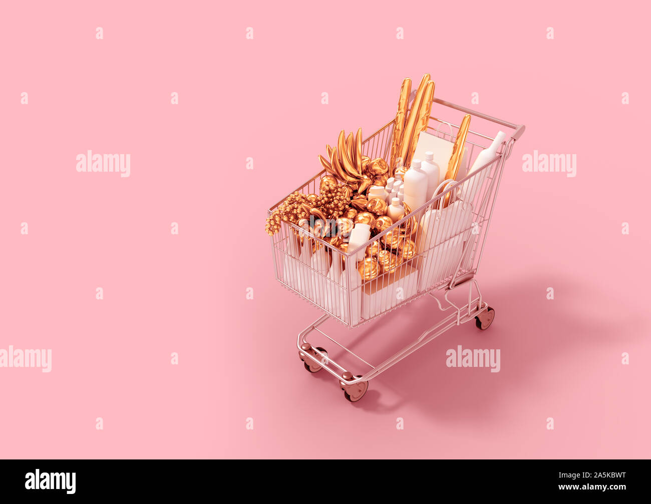 Shopping Cart With Gold Products And White Goods On Pink Background. 3D Illustration. Stock Photo
