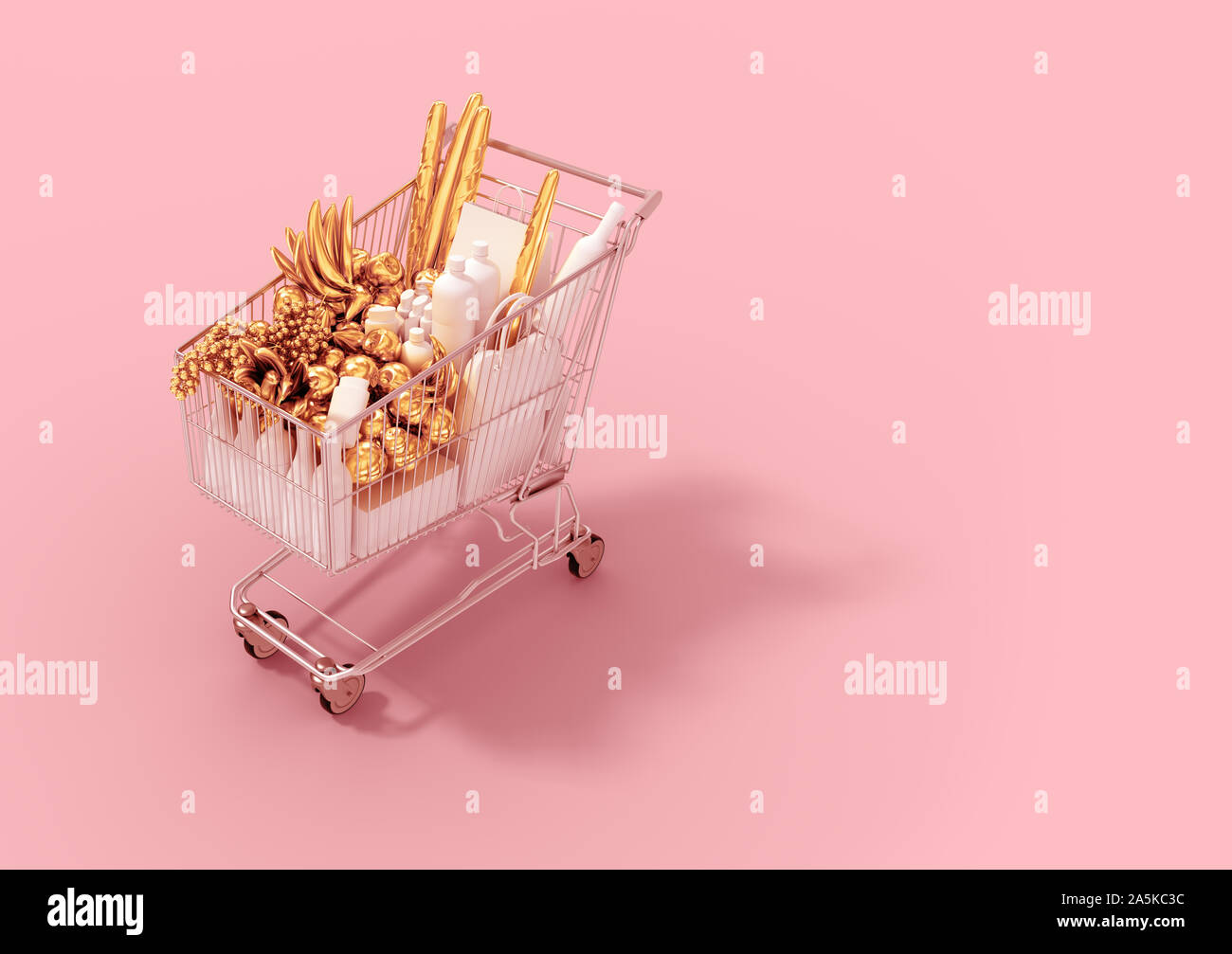 Shopping Cart With White Goods And Gold Products On Pink Background. 3D Illustration. Stock Photo