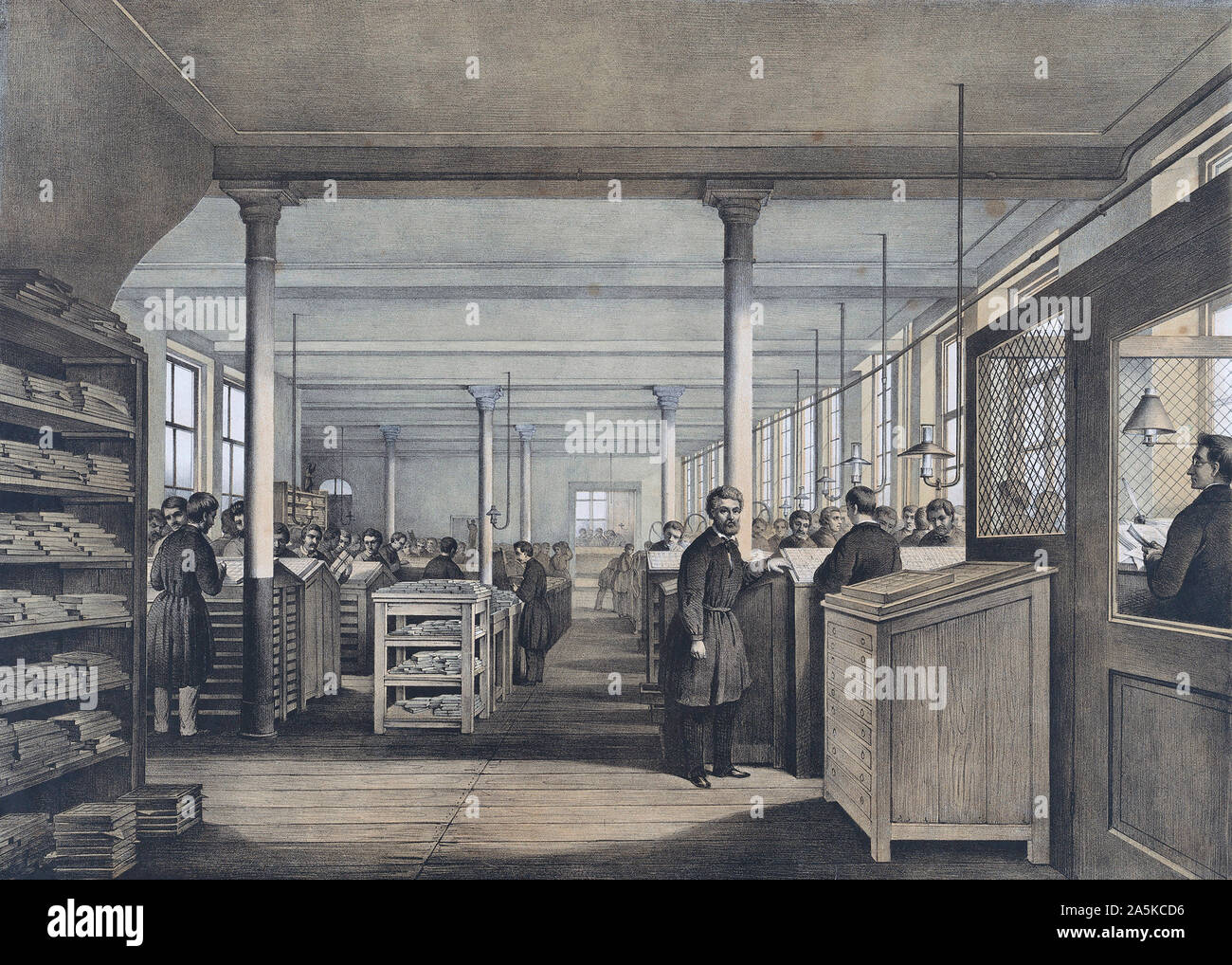 A 19th century European print shop.  After a late 19th century work. Stock Photo