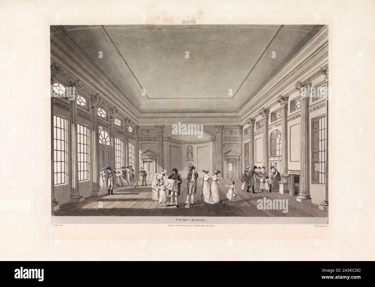 The Pump Room.  After an engraving dated 1804.  Later colourization. The building in the Abbey Church Yard in Bath, England still serves refreshments, as is shown in this early 19th century art work. Stock Photo