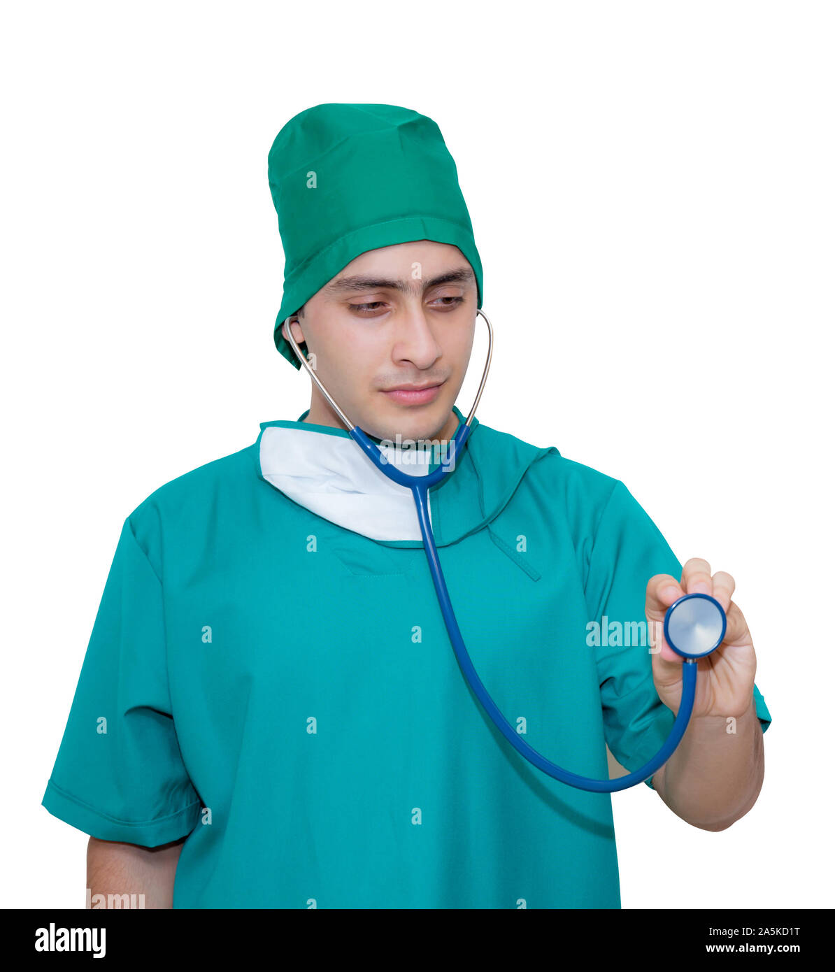 doctor male person with green uniform holding stethoscope isolat Stock
