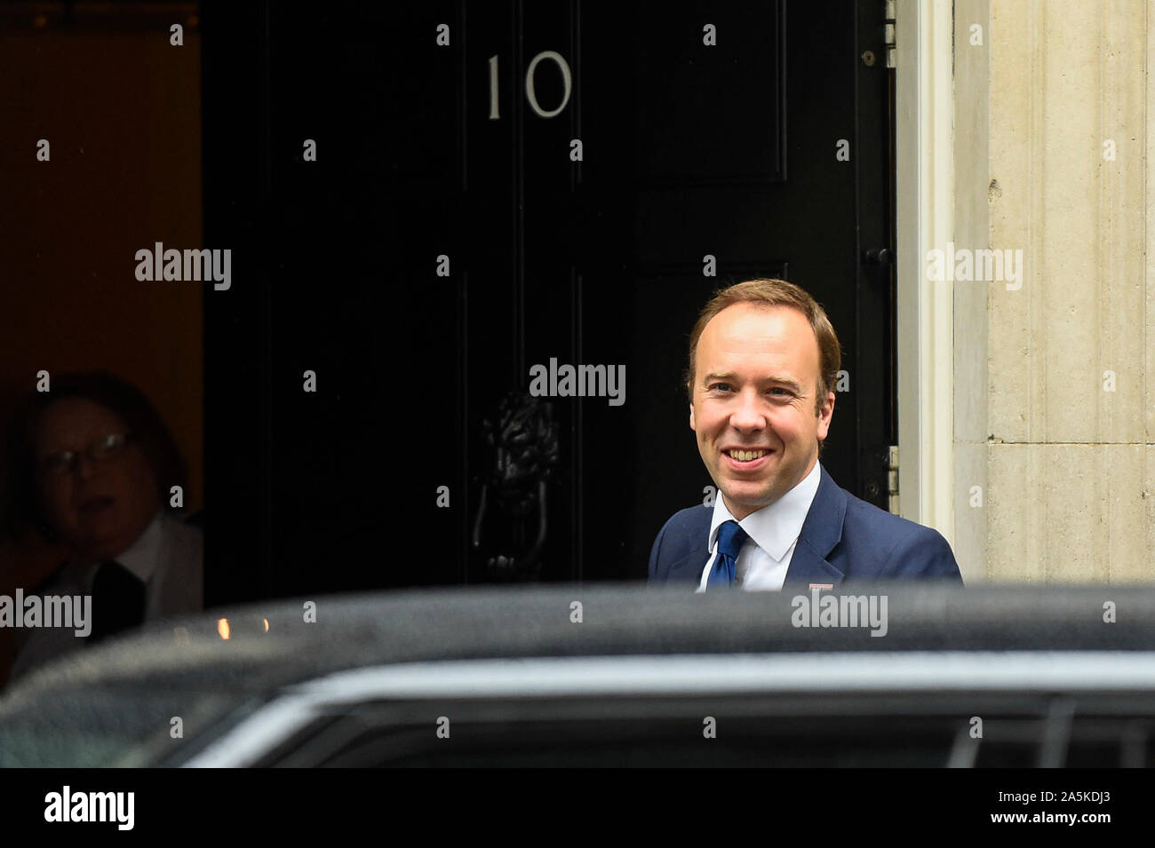 London, Britain. 21st Oct, 2019. Britain's Secretary of State for Health and Social Care Matt Hancock arrives at 10 Downing Street in London, Britain, Oct. 21, 2019. The speaker of the British House of Commons, John Bercow, on Monday rejected a government's bid for a meaningful vote on the London-Brussels Brexit agreement in the day. Credit: Stephen Chung/Xinhua/Alamy Live News Stock Photo