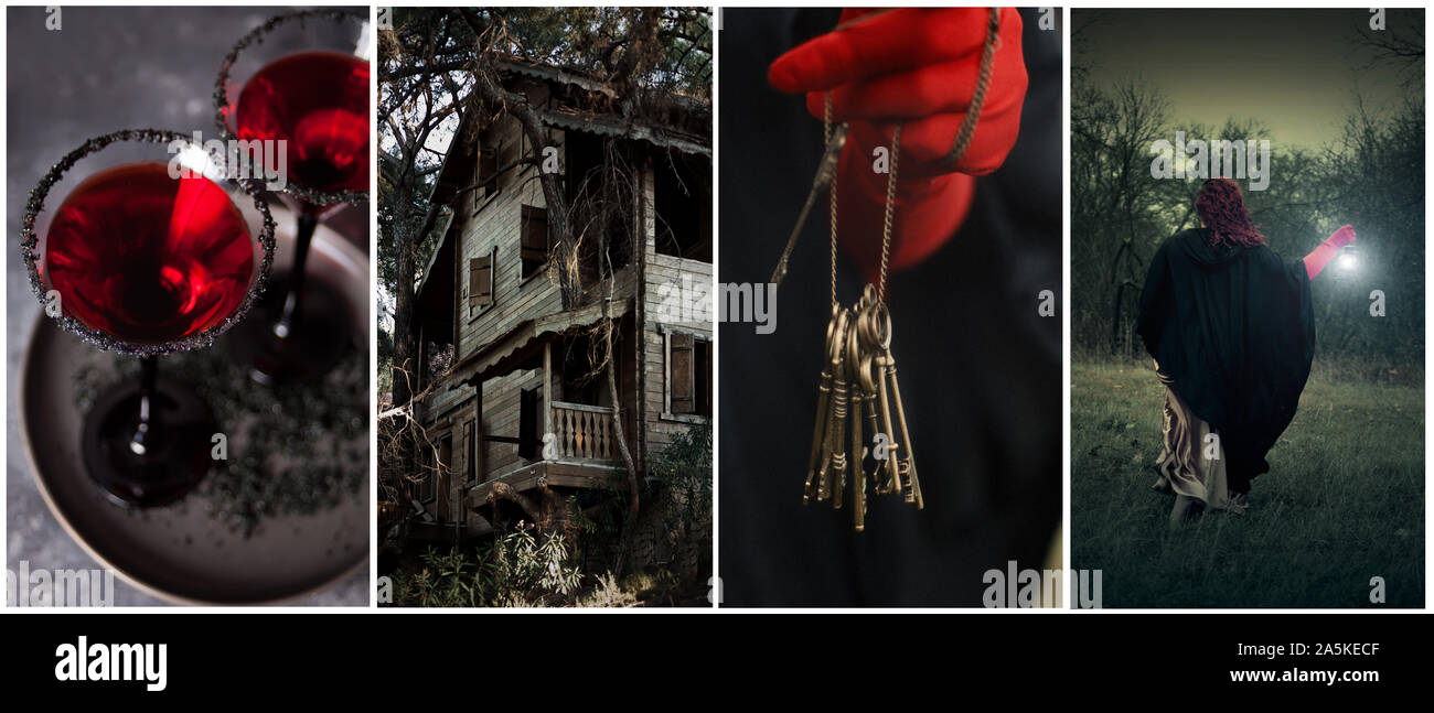 Halloween theme collage of four photos. bloody red cocktail, scary