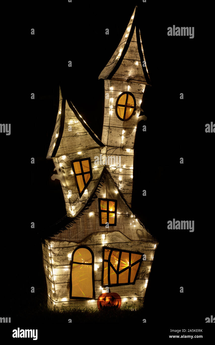 Haunted House Décor for Halloween Lights Up Stock Photo Alamy