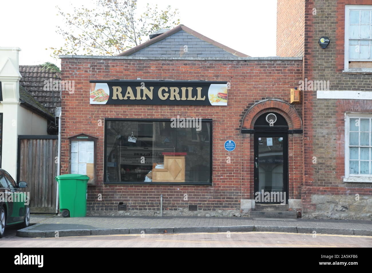 West Malling High Street Kent United Kingdom Outside the Rain Grill where in 1967 The Beatles started their Magical Mystery Tour. Stock Photo